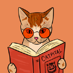 Gato de óculos vermelhos lendo O Catpital